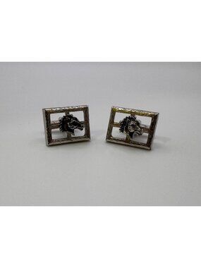 Silver Tone Horse Head Cufflinks Rectangular Equestrian Mens Vintage Figural